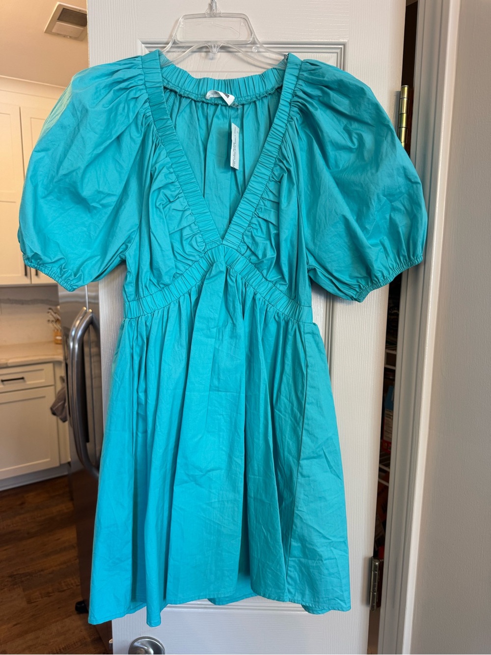 Turquoise Puff-Sleeve Mini Dress with Deep V